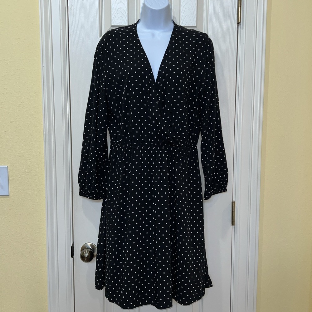 Old Navy Black White Polka Dot Faux Wrap V-Neck Flowy Mini Dress Sz L Career